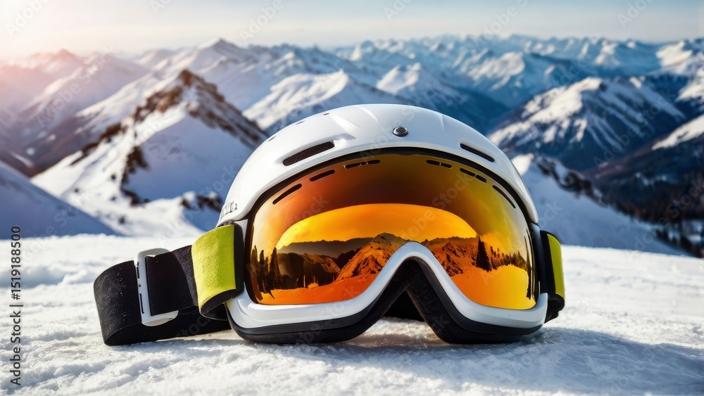 Ski Goggles Reflecting Majestic Mountain Peaks: A Vivid Winter Scene Ski Goggles Reflecting Majestic Mountain Peaks: A Vivid Winter Scene