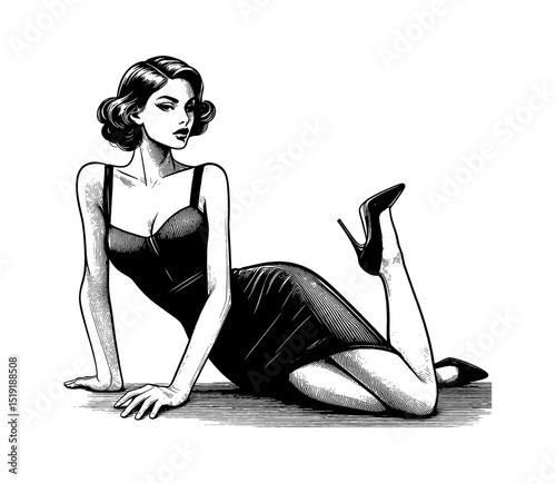 Elegant Woman in Black Dress Lying Down in Pinup Style with Classic Hairstyle