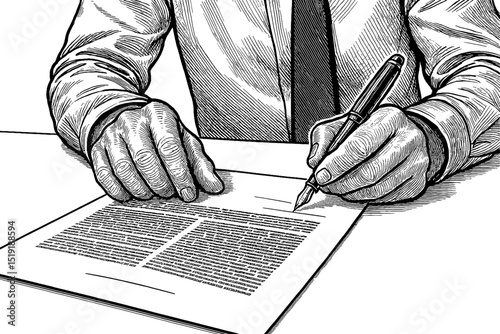 Hand Writing on Paper with Fountain Pen in Detailed Black and White Engraving Style Illustration