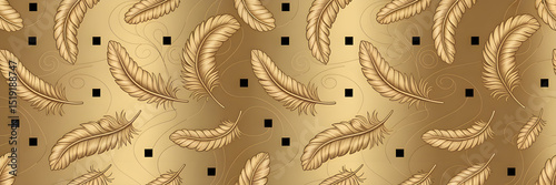Seamless Repeating Feather Pattern on Metallic Gold Background with Intricate Embossed Details