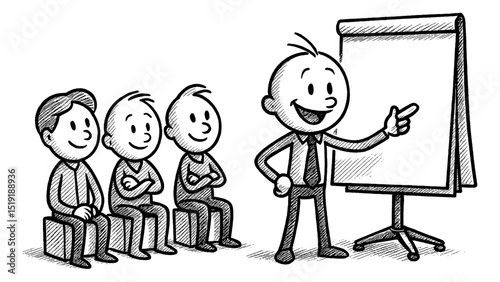 Cartoon Man Presenting to Audience with Whiteboard in Black and White Illustration