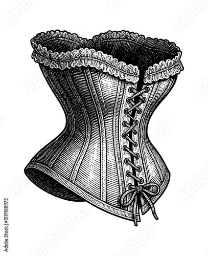 Detailed Engraving of a Vintage Corset with Laces and Frills in Black and White