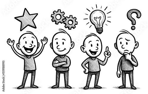 Cartoon Characters with Different Moods and Ideas in Black and White Illustration Style