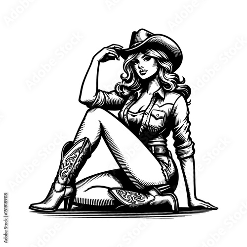 Attractive Caucasian Pinup Woman in Cowboy Outfit Sitting in Black and White Engraving Style