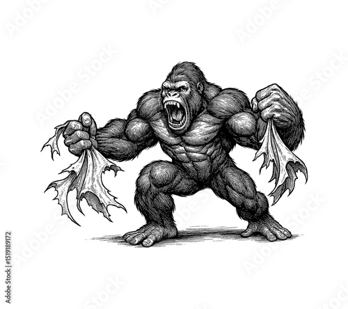 Engraved illustration of a furious gorilla ripping and roaring in a black and white drawing