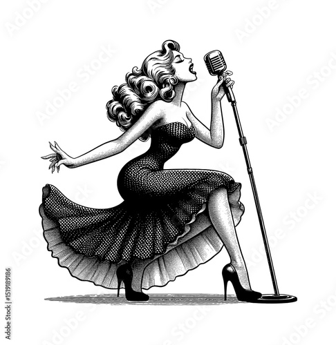 Vintage Style Illustration of a Woman Singing into Microphone with Curly Hair and Dress