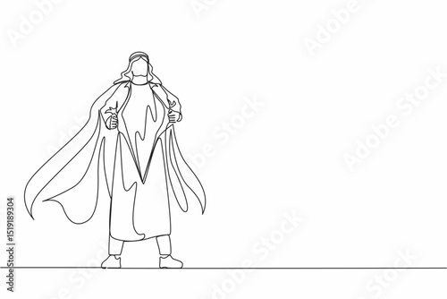 Single continuous line drawing young Arabic businessman revealing his true identity of powerful superhero. Superhero tearing shirt and wearing costume. One line draw graphic design vector illustration