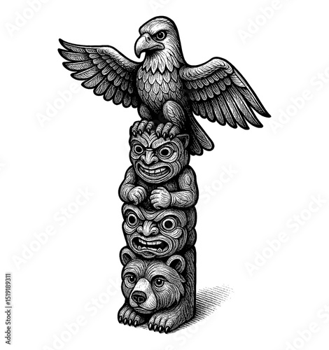 Detailed Black and White Engraving of a Totem Pole featuring Eagle, Humanoid Face, and Bear