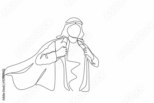 Single continuous line drawing handsome young man in business Arabic clothes with shirt. Successful Arabian businessman. Hero, ripping off his shirt. One line draw graphic design vector illustration