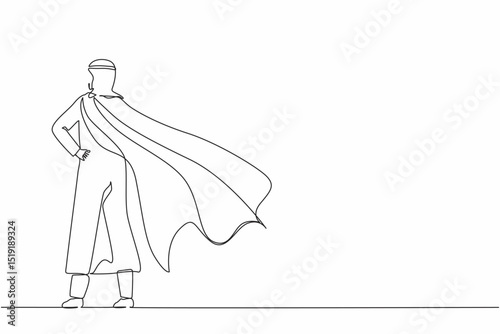 Continuous one line drawing back view confident Arabian businessman standing with cape. Successful super hero entrepreneur. Leadership, achievement, and career. Single line draw design vector graphic