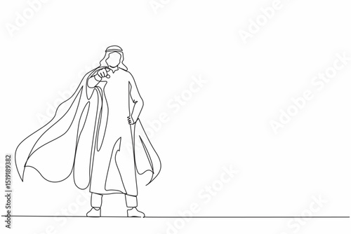 Single one line drawing leadership Arab businessman in superhero cloak. Leader or boss pointing direction goals, aims defining strategy development. Continuous line design graphic vector illustration