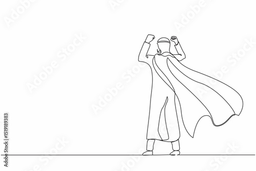 Continuous one line drawing back view super Arabian businessman. Young man in strong base pose. Success and victory in business. Superhero in cloak. Single line draw design vector graphic illustration