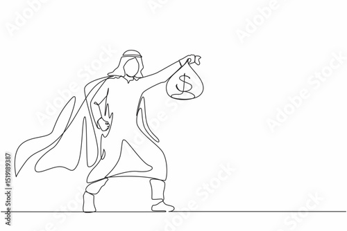 Continuous one line drawing superhero Arabian businessman present symbol of income. Happy employee superhero shows money bag metaphor of income, investment, profit grow. Single line draw design vector