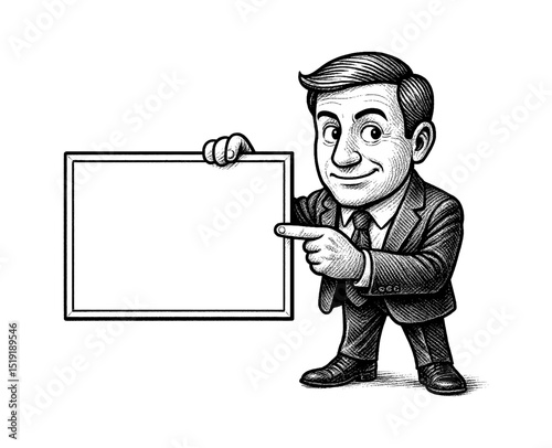 Cartoon Businessman Presenting Empty Signboard, Smiling.  Ideal for Advertising and Communication