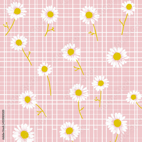 Seamless Pink Gingham Pattern with White Daisies Floral Textile Design