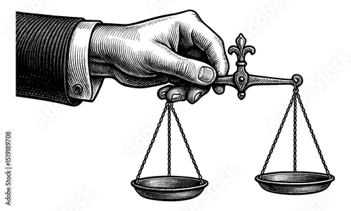 Hand Holding Scales of Justice in Detailed Engraving Style Black and White Illustration