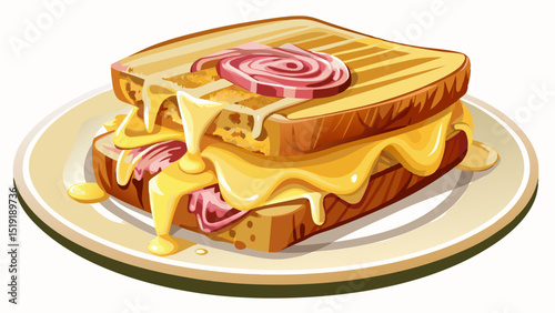 Golden-baked croque monsieur with melted Gruyère, creamy béchamel sauce, and thin ham slices between crusty white bread, shown close-up on white plate, dripping with rich French indulgence.