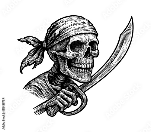 Skeleton Pirate with Bandana Holding Sword in Detailed Engraving Black and White Line Art