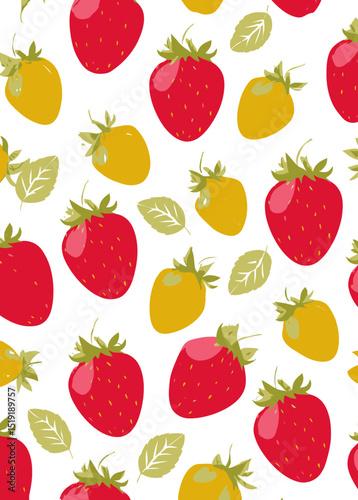 Seamless Strawberry Pattern Red and Yellow Berries with Leaves Background