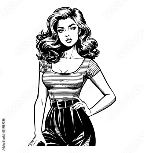 Confident Caucasian Woman with Hand on Hip in Striped Top Black and White Line Art