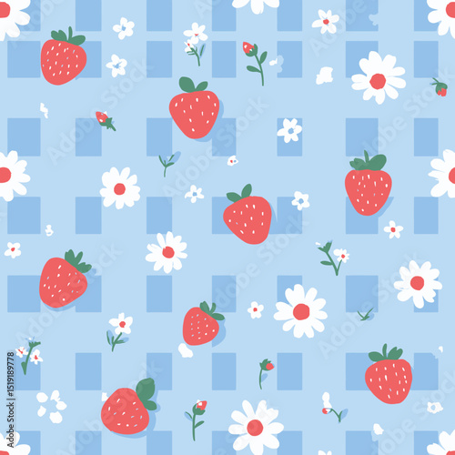 Seamless Summer Pattern Strawberries and Daisies on Blue Gingham