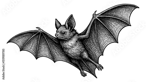 Detailed Black and White Engraving of a Bat in Flight with Intricate Wing Patterns