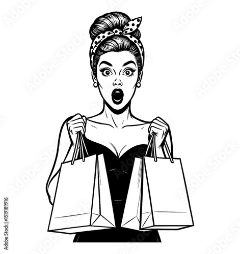 Surprised Caucasian Woman Holding Shopping Bags with Open Mouth in Black and White Illustration