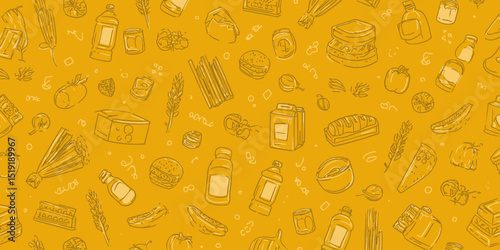 Seamless Vector Banner with Hand-Drawn Food and Grocery Items