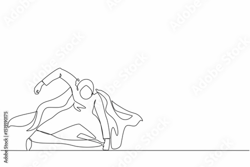 Single continuous line drawing Arabian businesswoman with superhero mantle in landing powerful action. Office worker ready to fight for career achievement. One line graphic design vector illustration