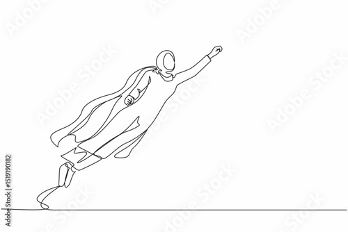 Single continuous line drawing super Arabian businesswoman raised fist and flying in the air. Superhero of business, financial, growth, career, leader. One line draw graphic design vector illustration
