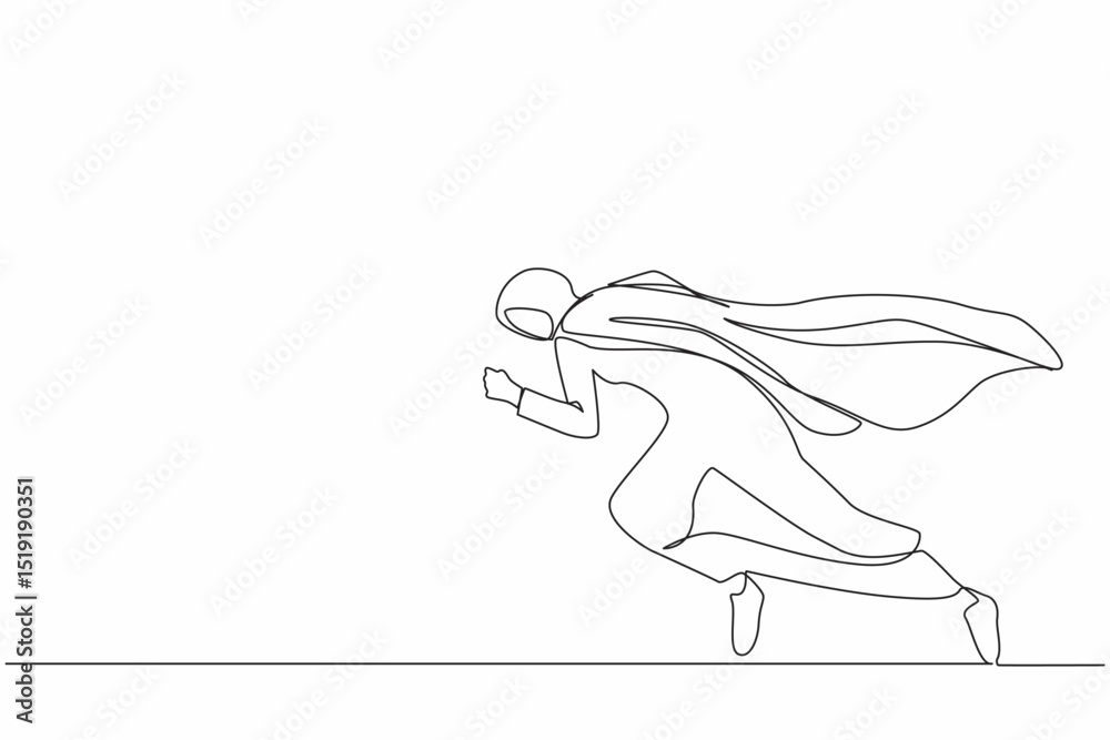 Fototapeta premium Single one line drawing super Arab businesswoman running fast. Business superhero rushing on duty, business concept goal, achievement, success. Continuous line draw design graphic vector illustration