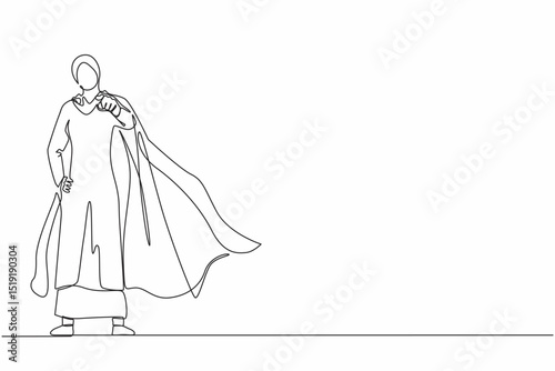 Single one line drawing leadership Arabic businesswoman in superhero cloak. Leader or boss pointing direction goals, aims defining strategy development. Continuous line draw design vector illustration
