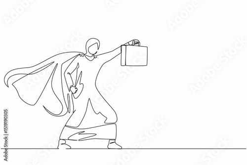 Continuous one line drawing Arabian businesswoman superhero standing with suitcase. Portrait of young office worker. Office, business, employee. Single line draw design vector graphic illustration
