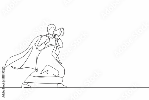 Continuous one line drawing Arab superhero speaking in megaphone. Superhero in cape, happy businesswoman holding megaphone, successful team leader. Single line draw design vector graphic illustration