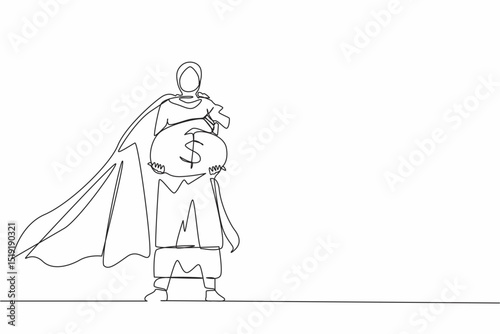 Single continuous line drawing gigantic profits of financial success. Super Arabic businesswoman hero with bag of money. Business metaphor. Success, career. One line graphic design vector illustration