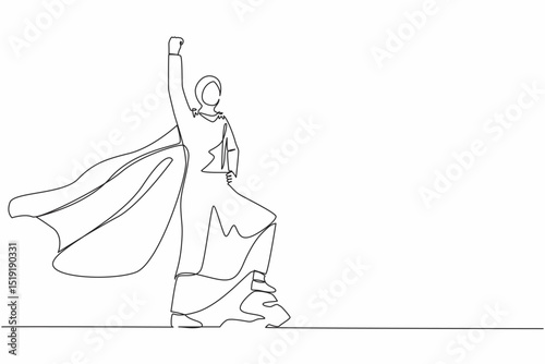 Single continuous line drawing superhero Arab businesswoman in office hijab flying upward with cloak. Joyful woman raising her fist in up rejoicing at her success. One line draw graphic design vector