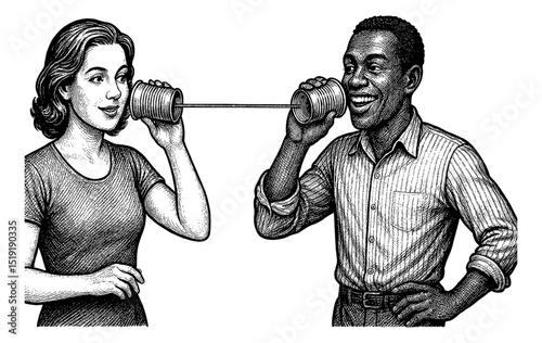 Woman and African American man Communicate with Tin Can Phone Smiling