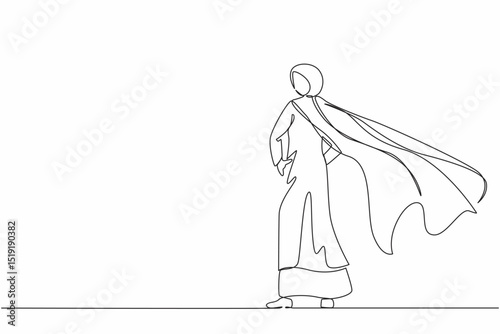 Single one line drawing superhero in cloak flutters in wind. Stands with her back. Successful Arabic businesswoman hero. Business success, leadership and victory. Continuous line design graphic vector