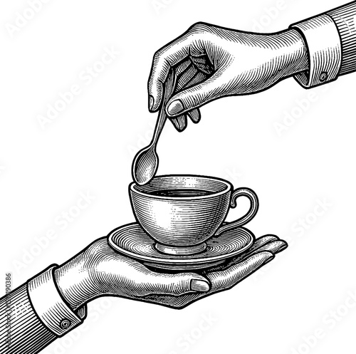 Engraved Illustration of Hands Holding and Stirring a Cup of Coffee or Tea