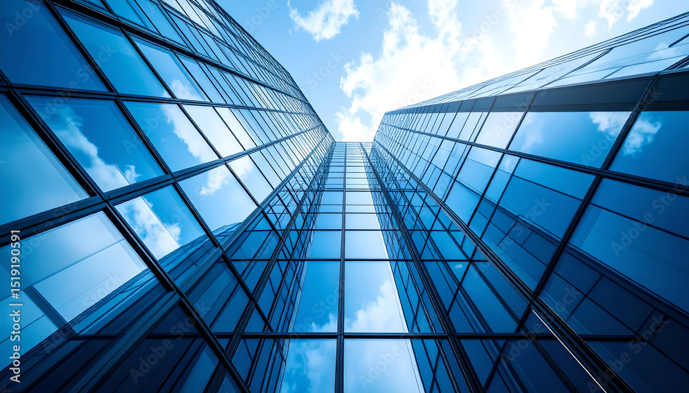 Obraz premium Modern Glass Skyscraper Exterior, Blue Windows, Low Angle View
