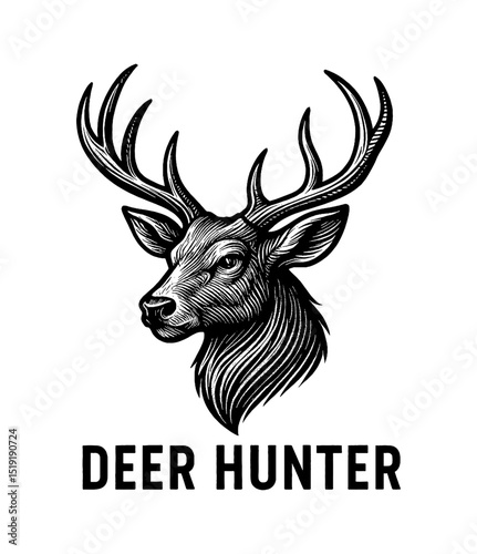 Deer head with antlers illustration in black and white vector art.