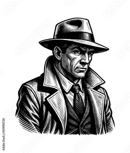 Serious Caucasian Detective in Trench Coat and Hat Black and White Detailed Engraved Illustration
