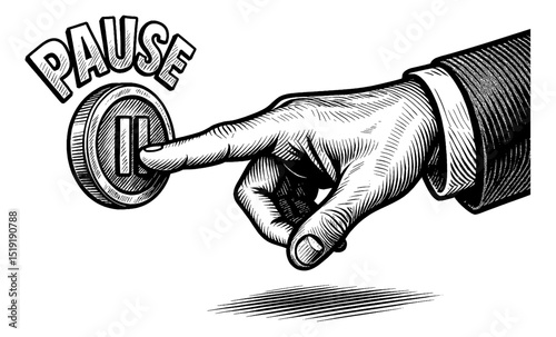 Hand pressing a pause button in engraved illustration art style, on white background.