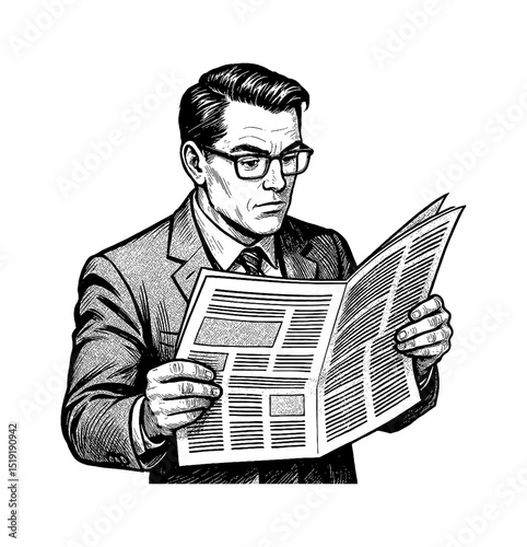 Caucasian Man in Suit Reading Newspaper with Focused Expression in Black and White Engraving Style