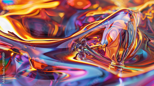 A vibrant abstract liquid artwork. The glossy material reflects a colorful array of warm and cool light in a swirling pattern.