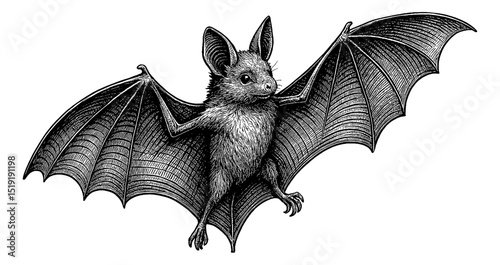 Engraved Illustration of a Bat in Flight with Detailed Wing Anatomy and Fur Texture on White Background