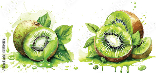 Kiwi Fruit Watercolor Vector Illustration on White Background