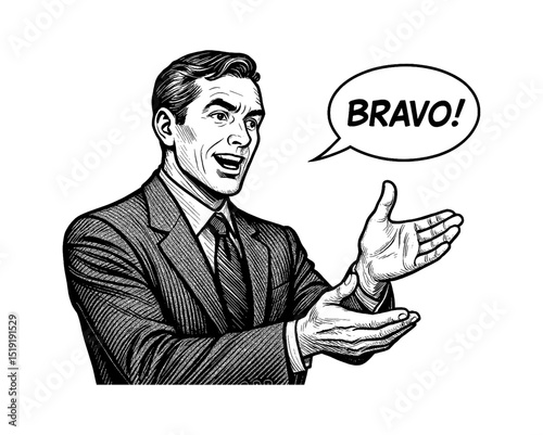 Excited Businessman in Suit Gesturing with Bravo Bubble, Expressive Black and White Illustration