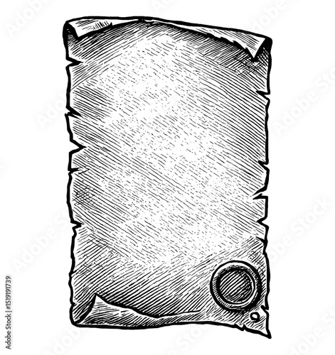 Vintage Scroll Paper with Seal in Detailed Engraving Style Illustration