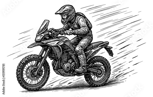 Detailed Line Art Illustration of Motorcyclist Riding a Dirt Bike with Full Protective Gear